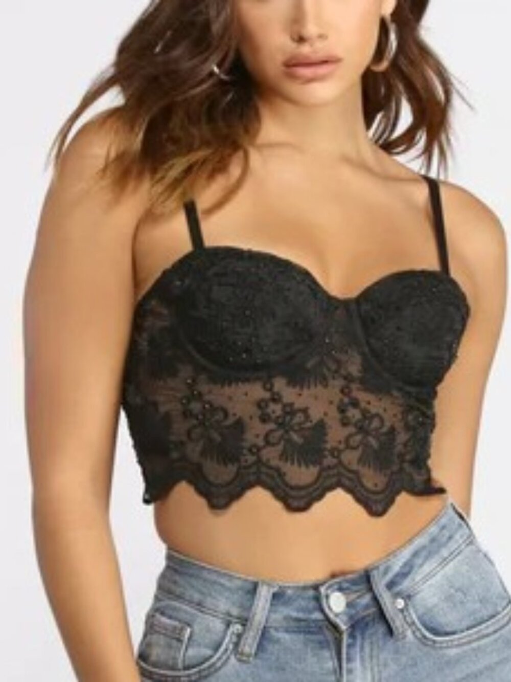 Windsor Brand Junior's size Medium Black Scalloped Lace Rhinestone‎ Bustier
